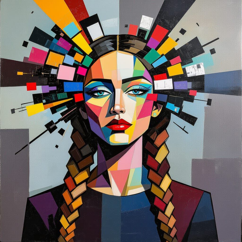 Cubist Woman with Explosive Braided Hair in Urban Surrealism