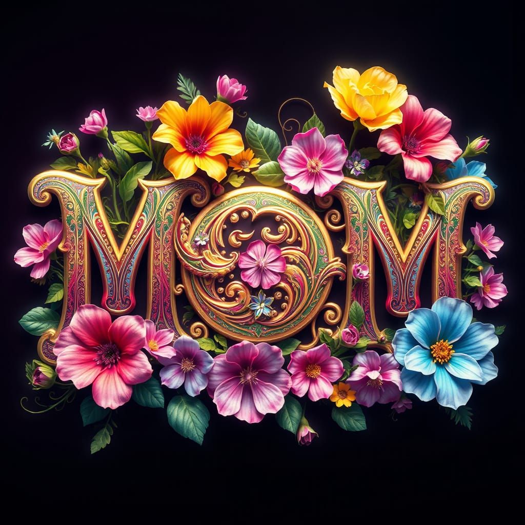 Vibrant 'MOM' Tribute Blooms with Colorful Flowers in Digita...
