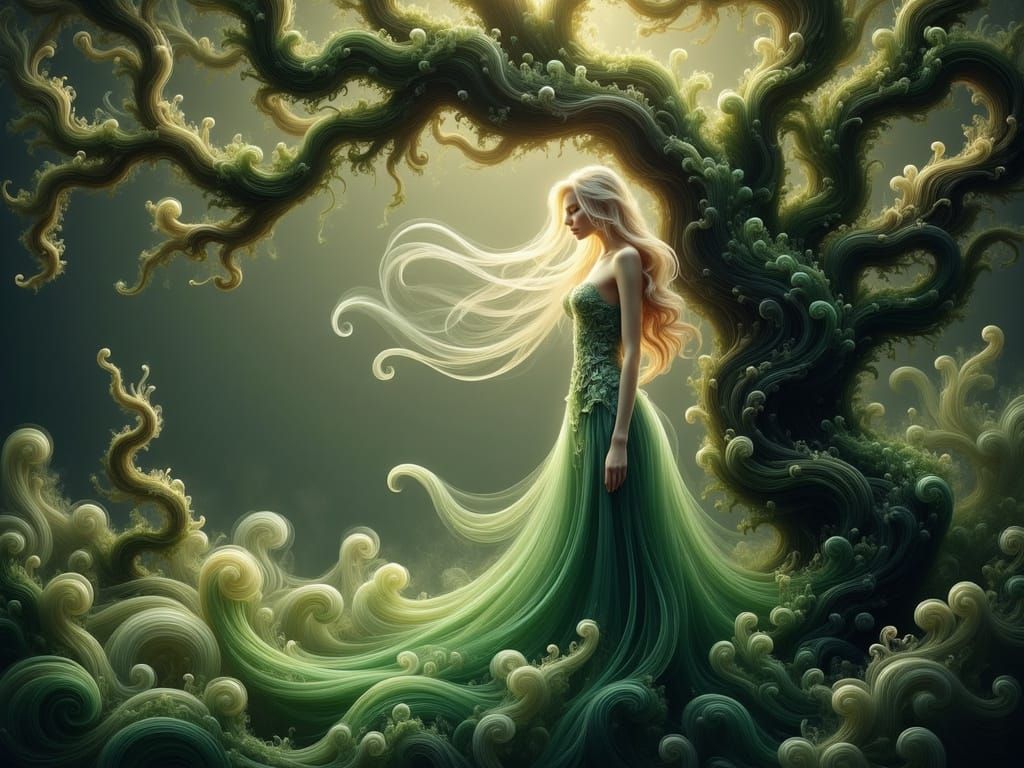 Mystical Forest Scene with Woman in Ethereal Style