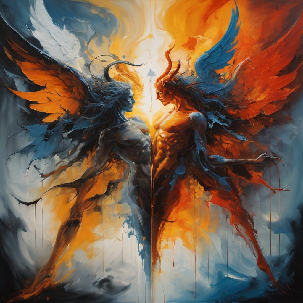 Surreal Angel vs Demon Abstract Painting in High Contrast Ch...