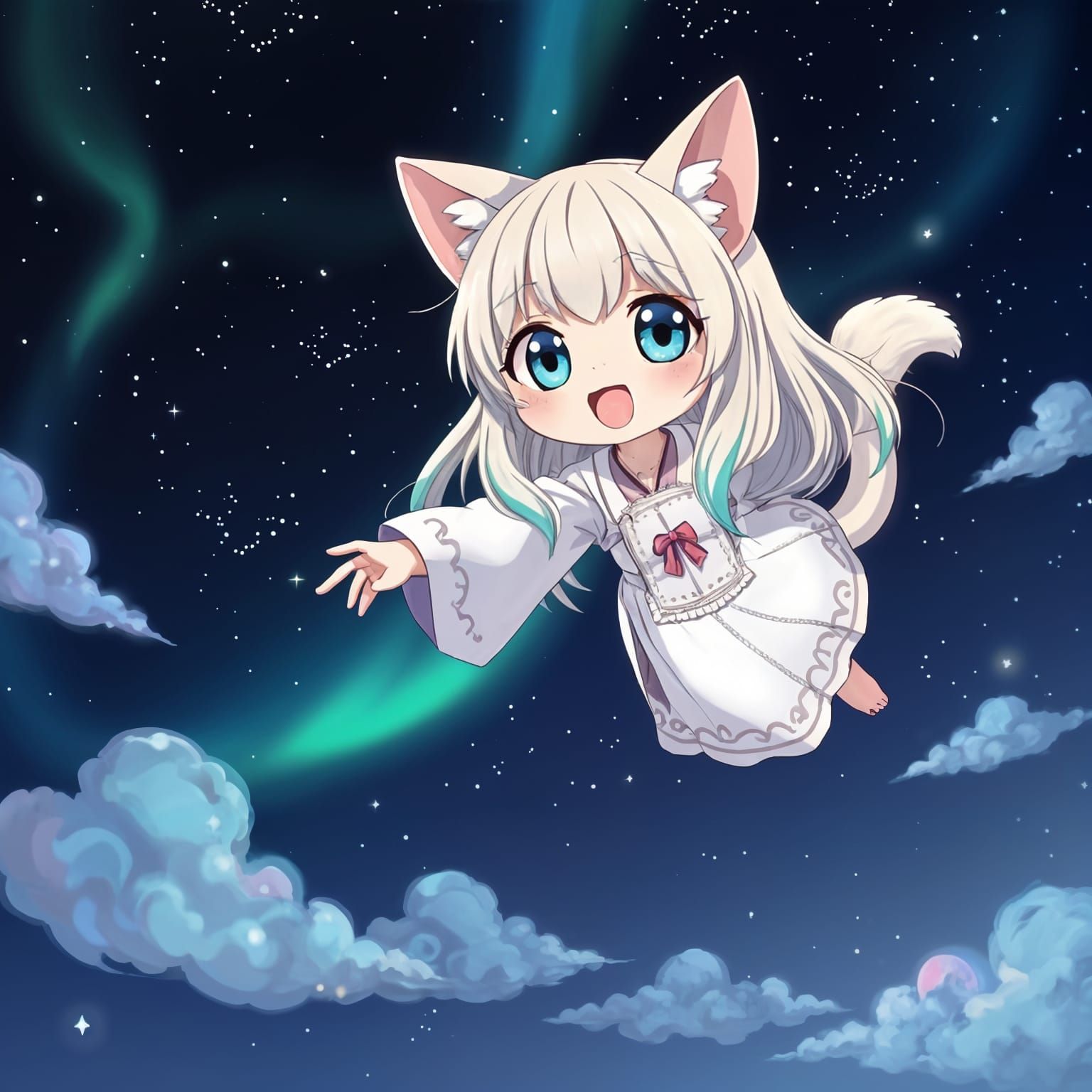 Anime Catgirl Soars Through the Starry Night