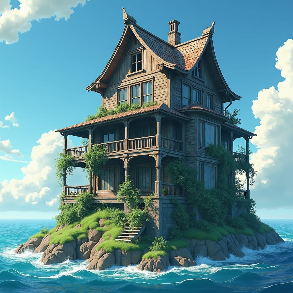 Weathered Island Mansion in 3D Anime Art Style