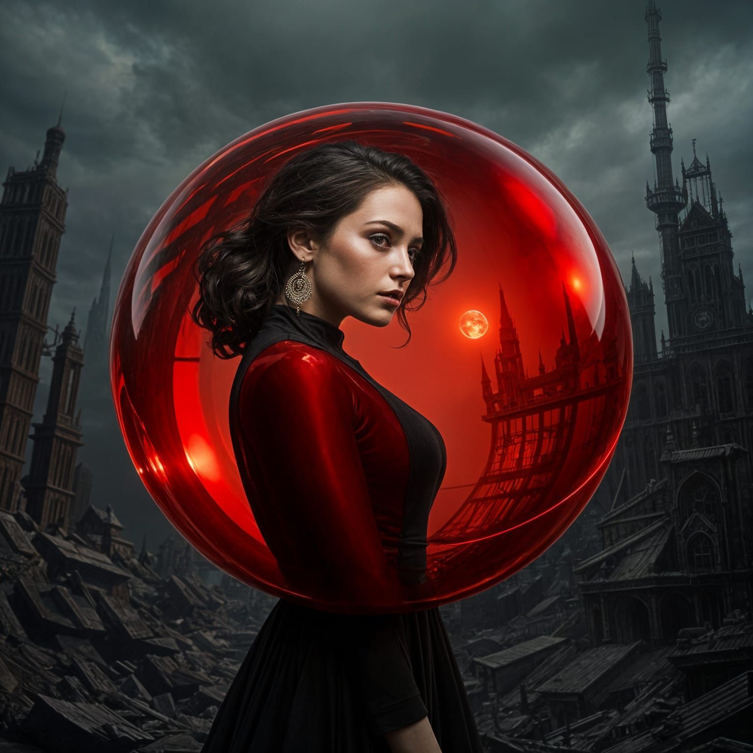 Hyperrealistic Red Glass Sphere Reflects a Beautiful Woman i...