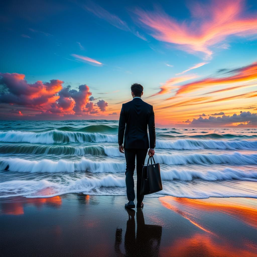 Train on Beach Under a Colorful Sky