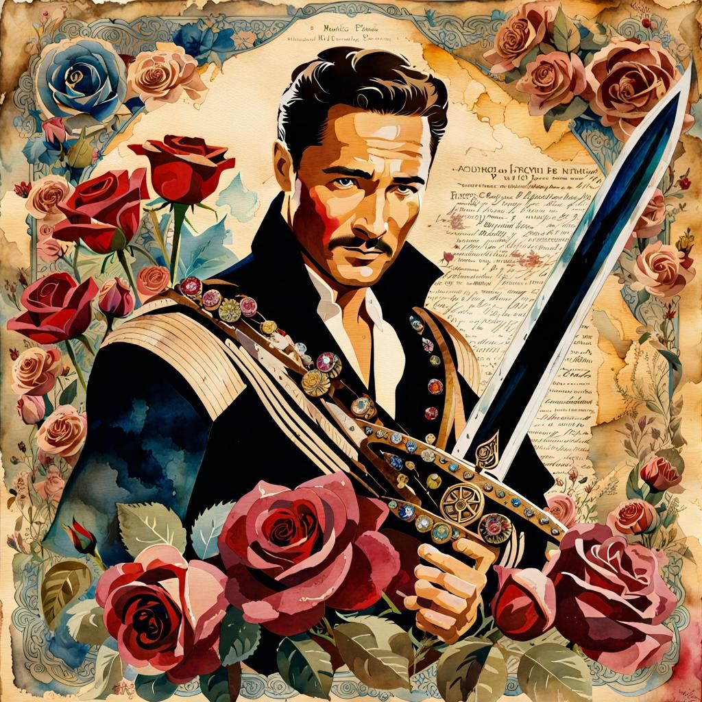 Errol Flynn with Jeweled Sword, Watercolor Style