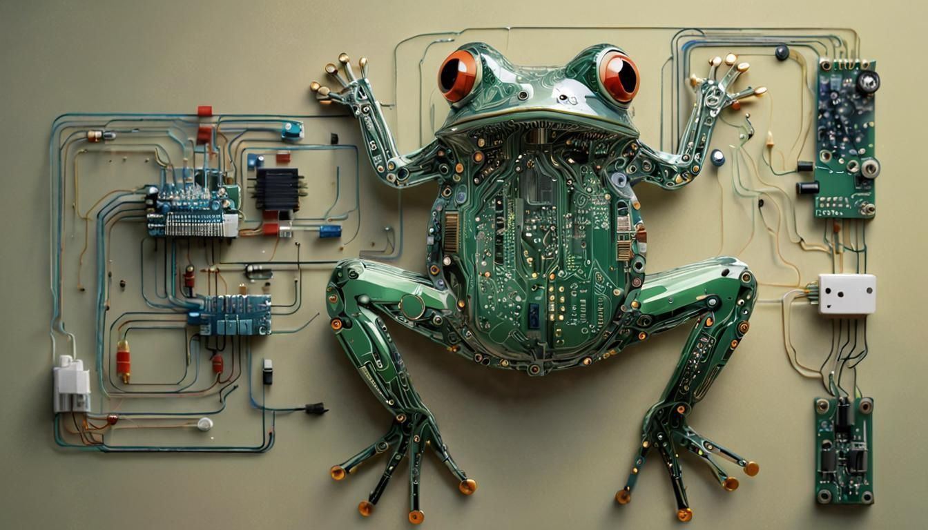 A frog made of electronic circuits and connections.