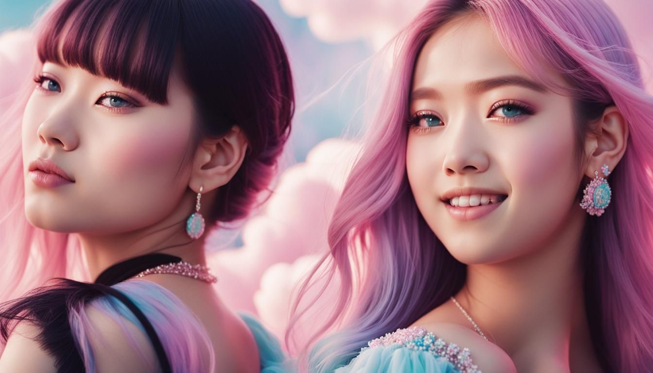 Blackpink Posing Among Clouds in Pastel Watercolor Style