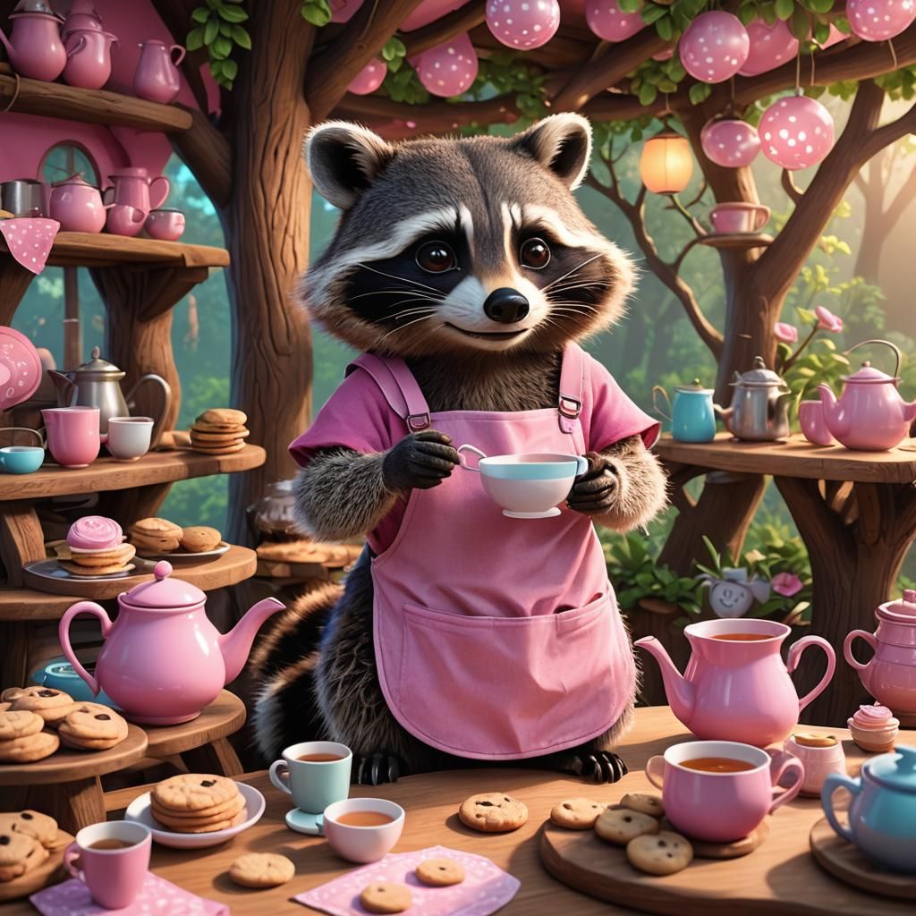 Raccoon in a pink apron making cookies and serving tea, in a treehouse