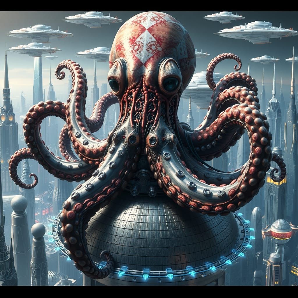 Colossal Cyberpunk Octopus Over Futuristic Metropolis