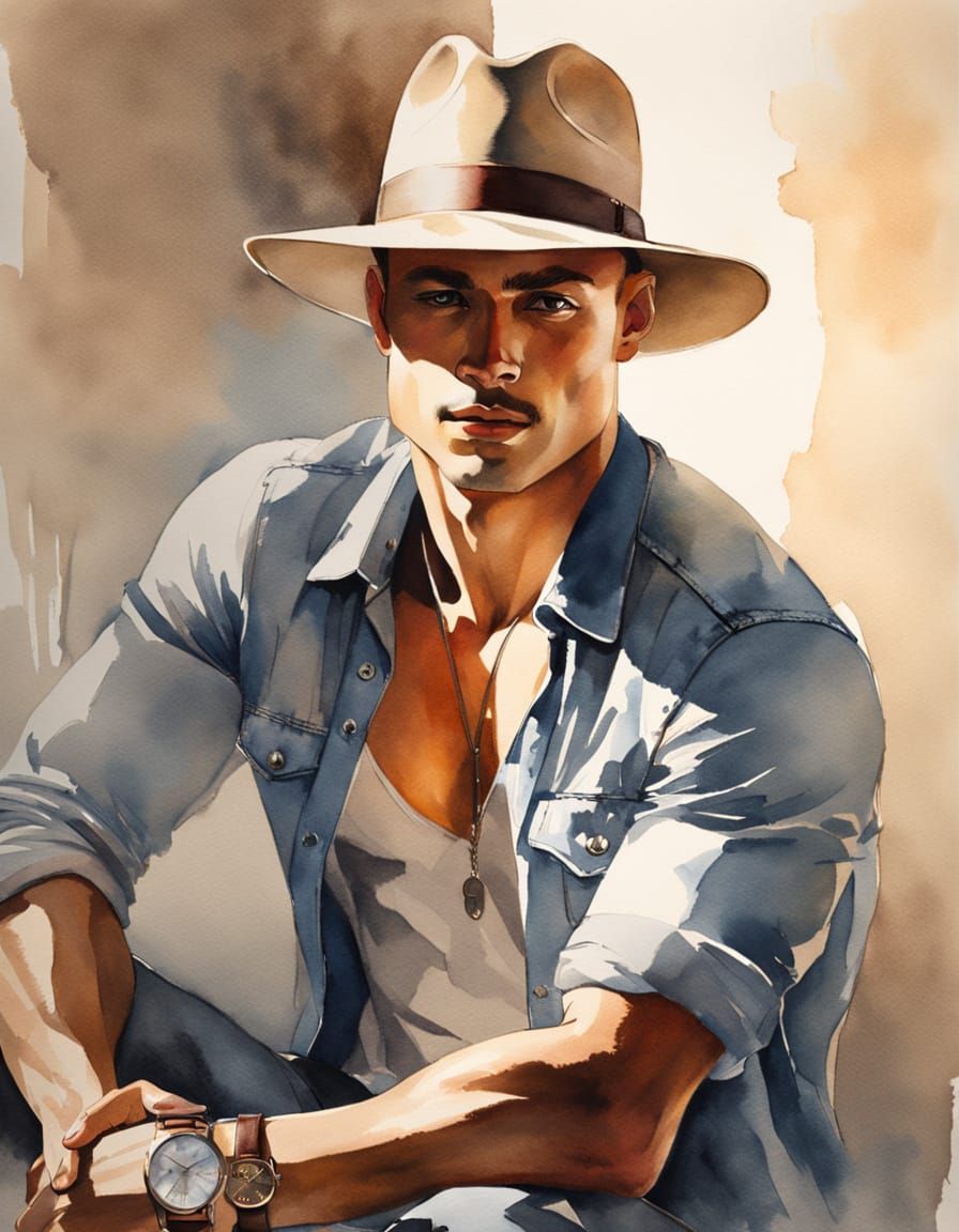 Muscular Men in Denim, Watercolor Painting