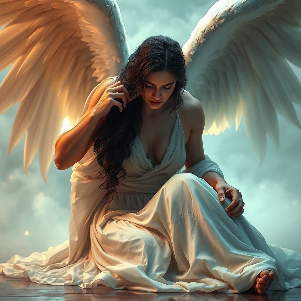 Sorrowful Woman Longs for Departing Angel in Ethereal Ambian...