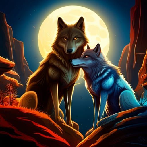 Fantasy Wolf Couple Under the Moon
