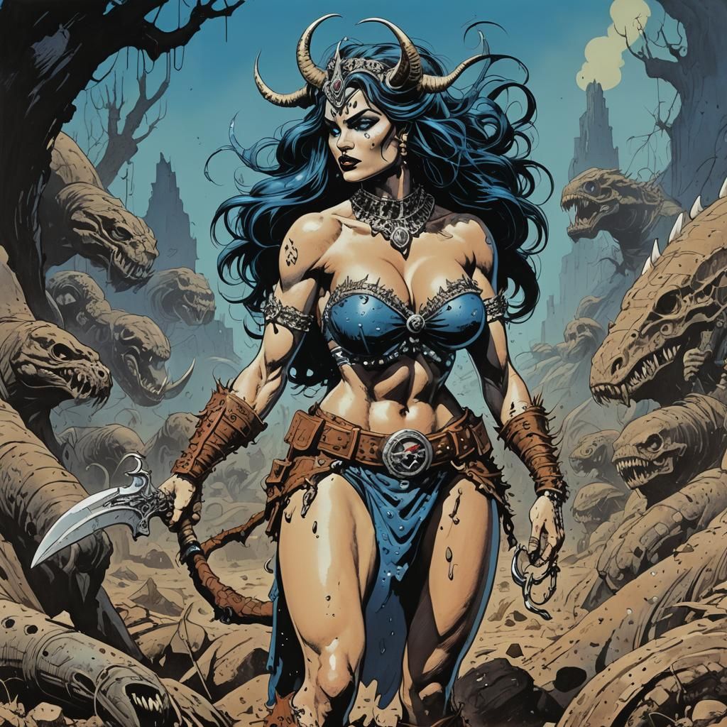 Barbarian Princess with Earthworm Armor in Pen and Ink Style