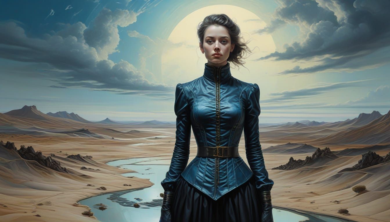 Surrealist Regulator in Desolate Twilight Landscape