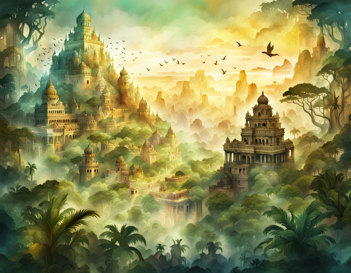 Lost City in Jungle Mist - Watercolor Concept Art