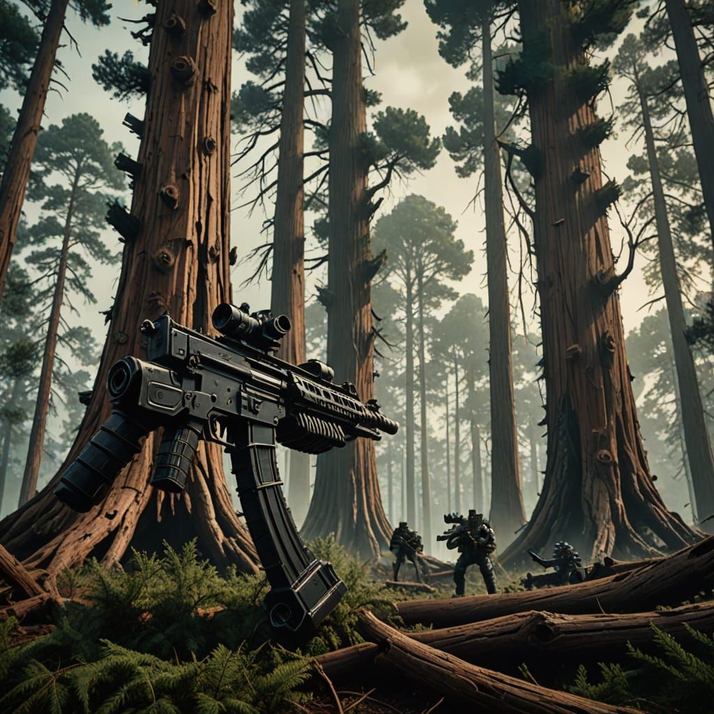Dystopian Cedar Trees With Machine Guns