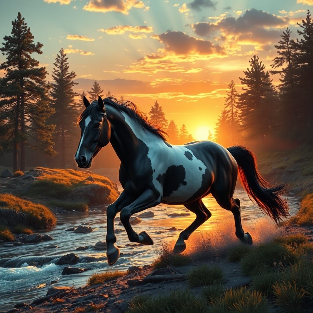 Majestic Black and White Horse in a Vibrant Sunset Landscape