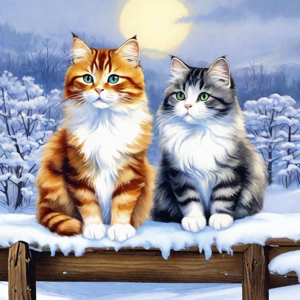 Cats on Snowy Fence, Vintage Illustration