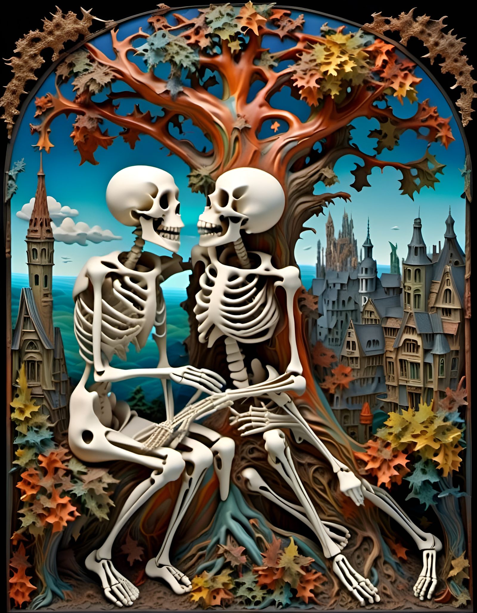 Skeletons' Kiss: A Whimsical 3D Painting