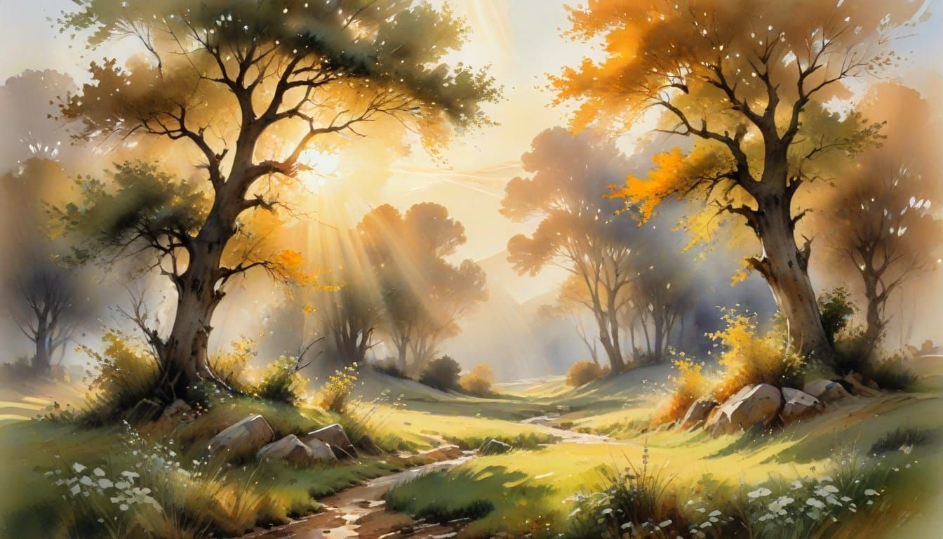 Dreamy Autumn Landscape with Whirling Winds and Golden Light