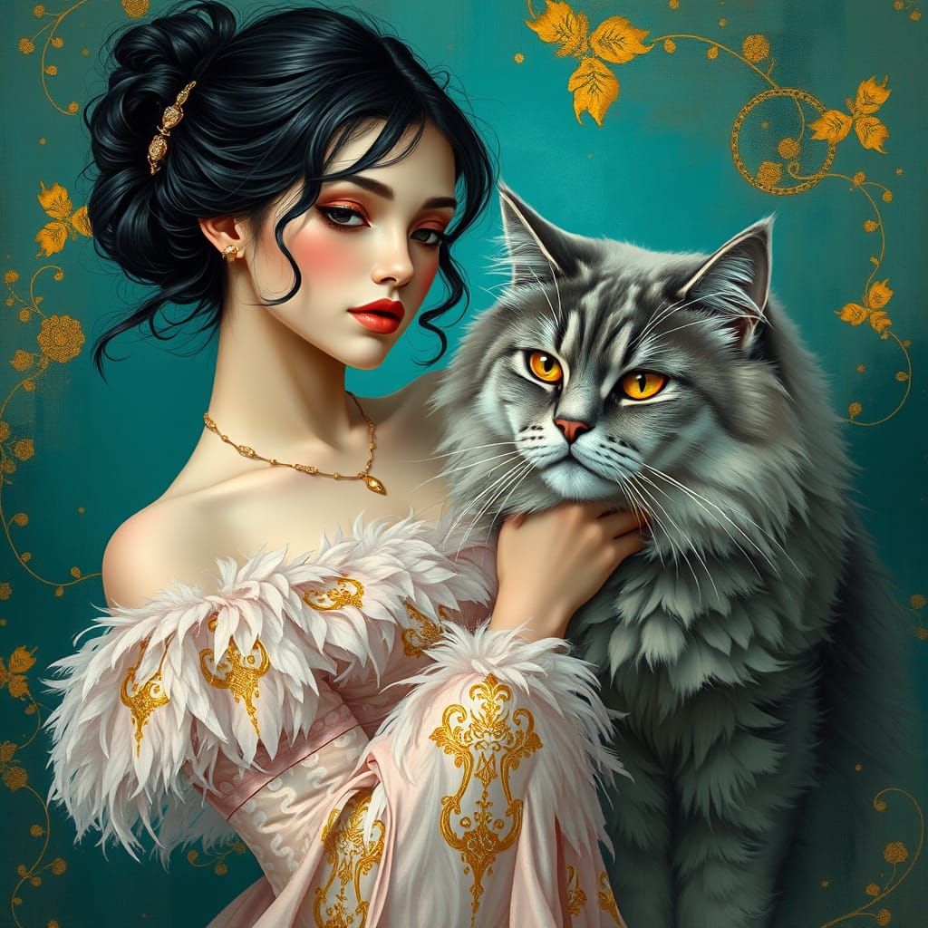 Woman with Cat in Dreamy Surreal Art Nouveau Style