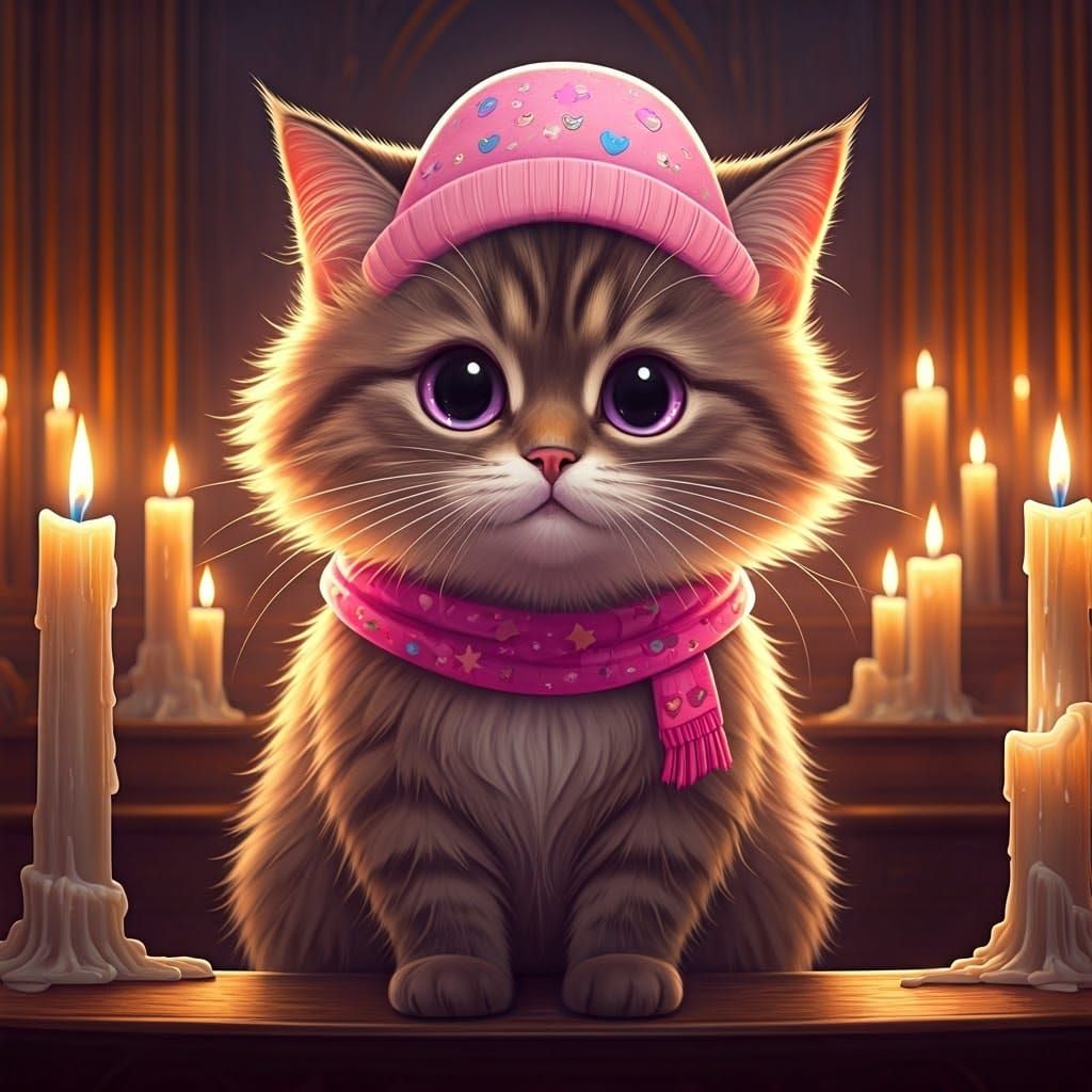 Whimsical Pink Feline in a Lavish Temple