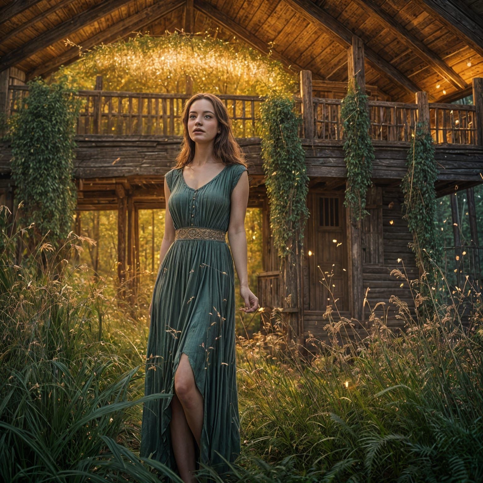 French Lady in Elegant Cocktail Dress, Standing in a Whimsic...