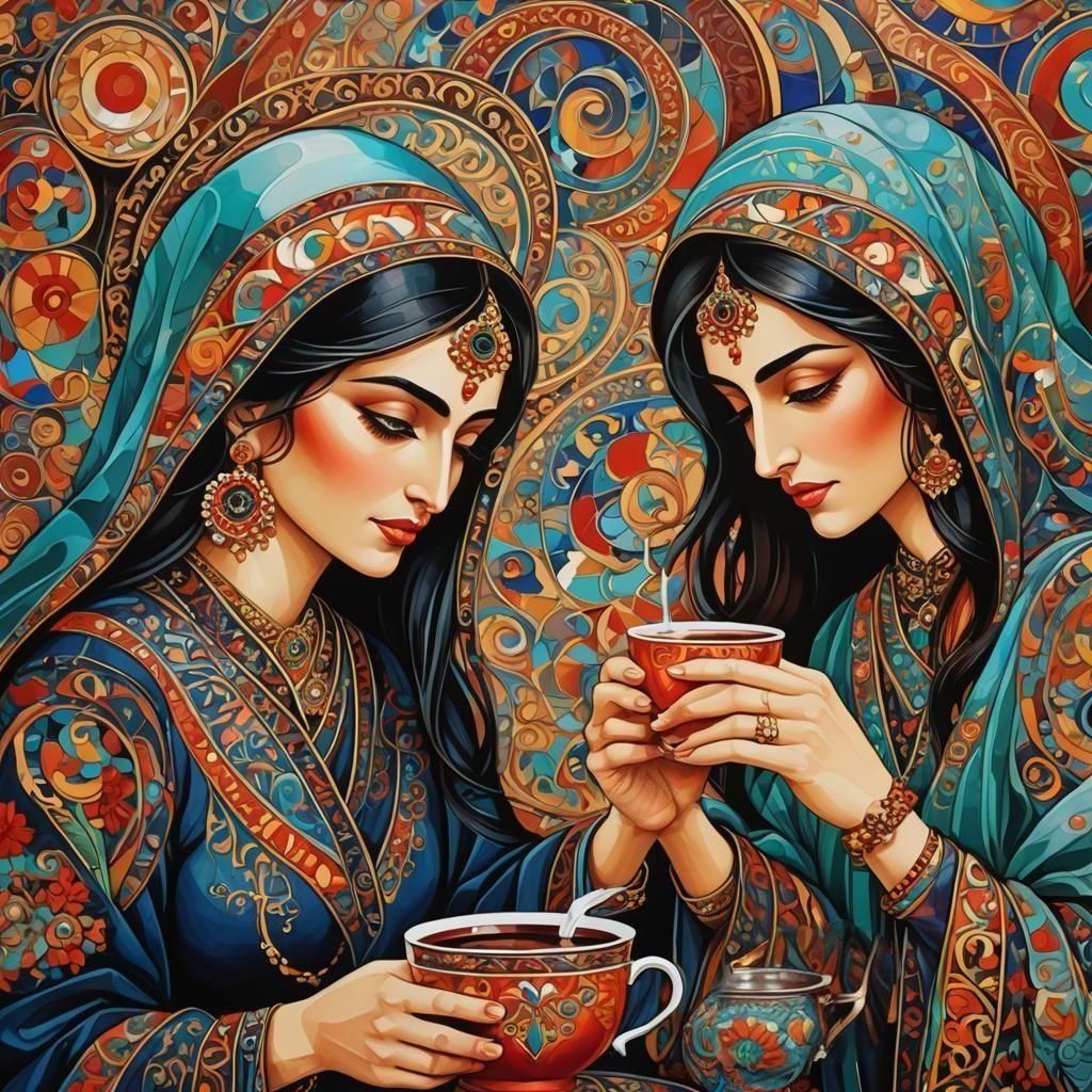 Mystical Persian Art: Couple Drinking in Colorful Style