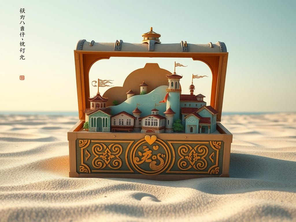 Embossed Village Inside Treasure Chest Art