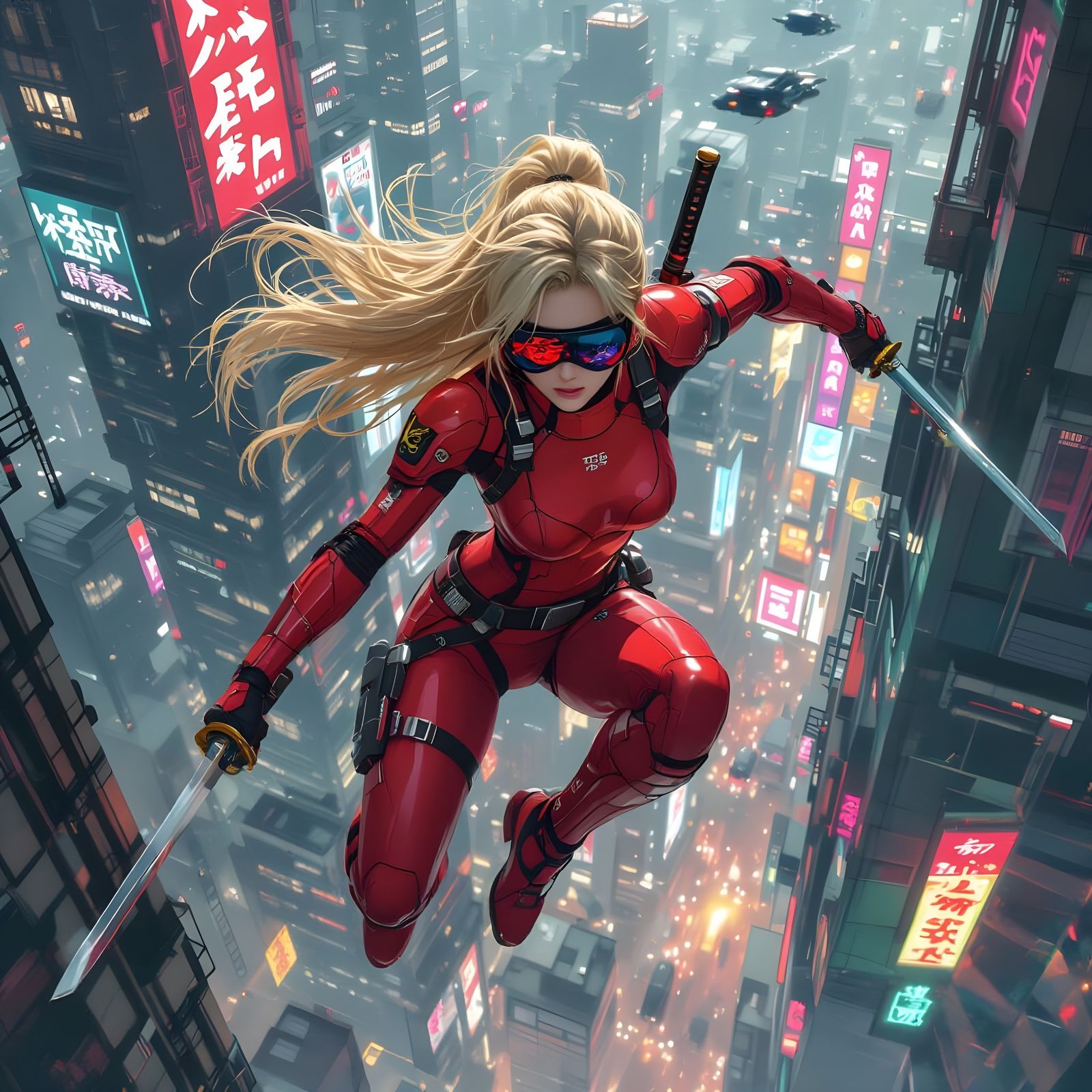 Cyberpunk Samurai Girl Leaping in Neon Cityscape