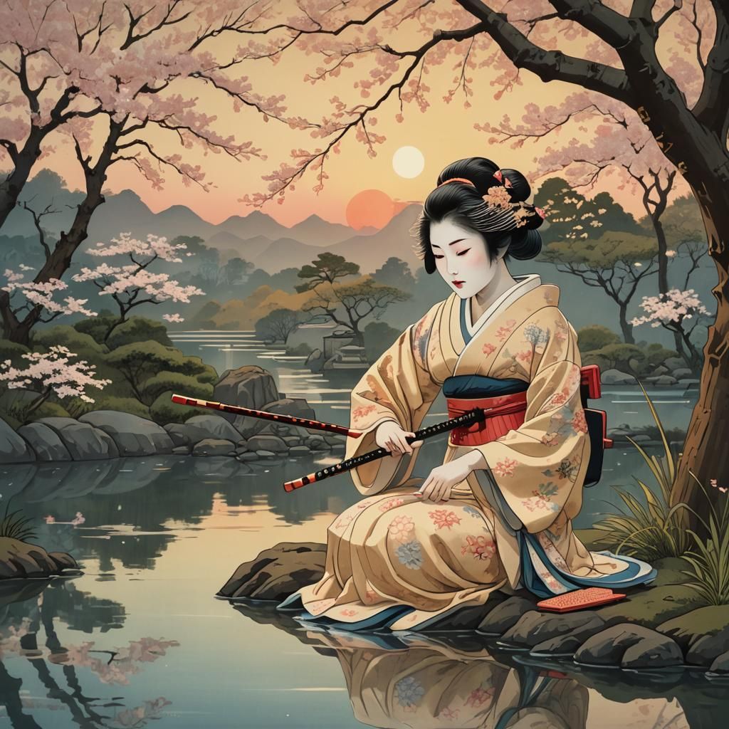 Geisha Plays Shamisen in Ukiyo-e Garden