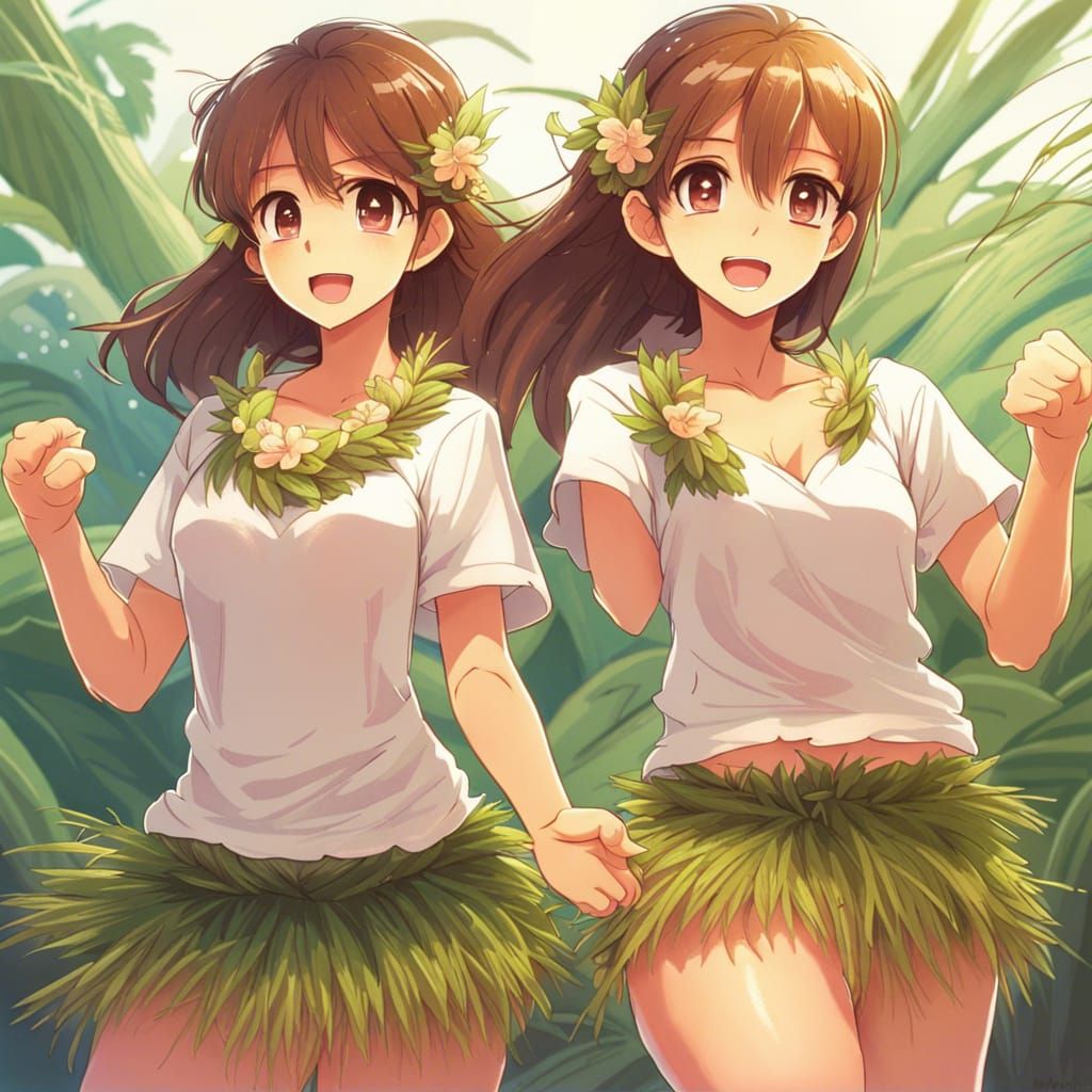 Two Hula Girls in Anime Manga Style