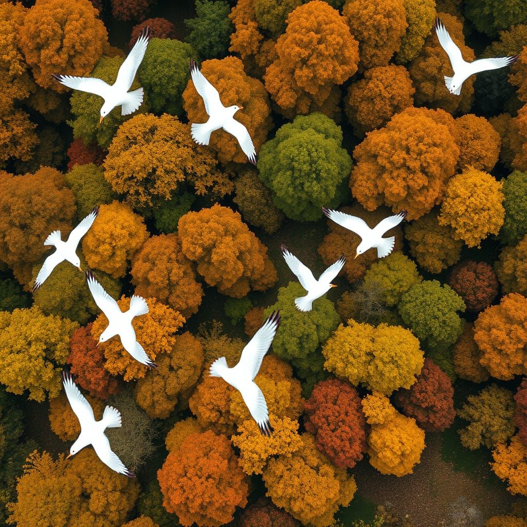 Birds in Flight Above Vibrant Autumn Forest in Polka Dot Sty...
