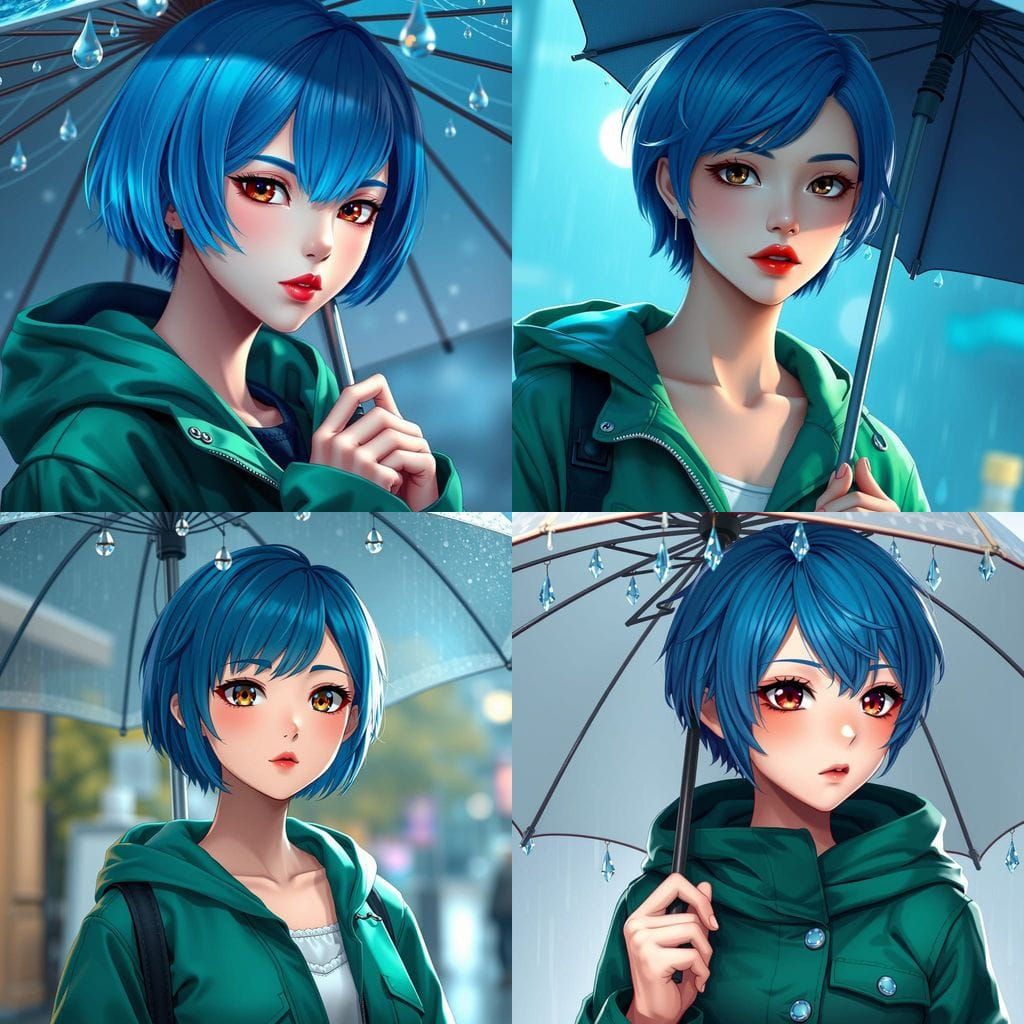 Anime-Inspired Woman Holds Umbrella with Raindrop Crystals i...