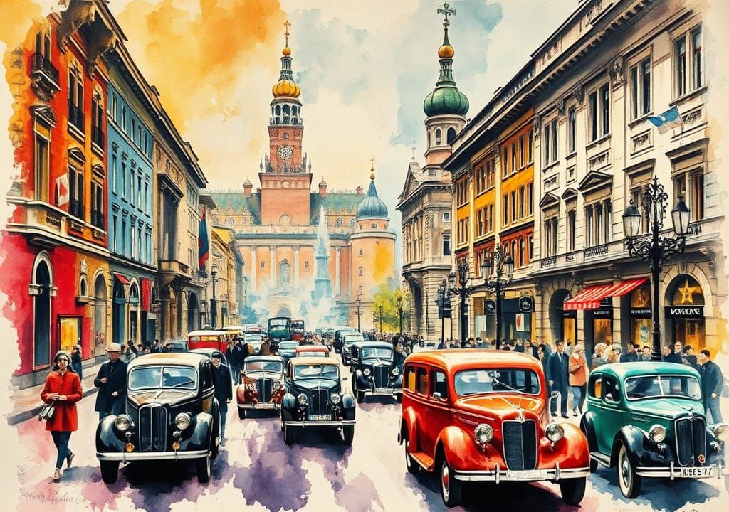 1920s Moscow Street Scene in Ink Painting Style