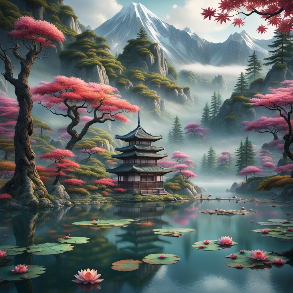 Serene Asian Lake: Matte Painting Landscape