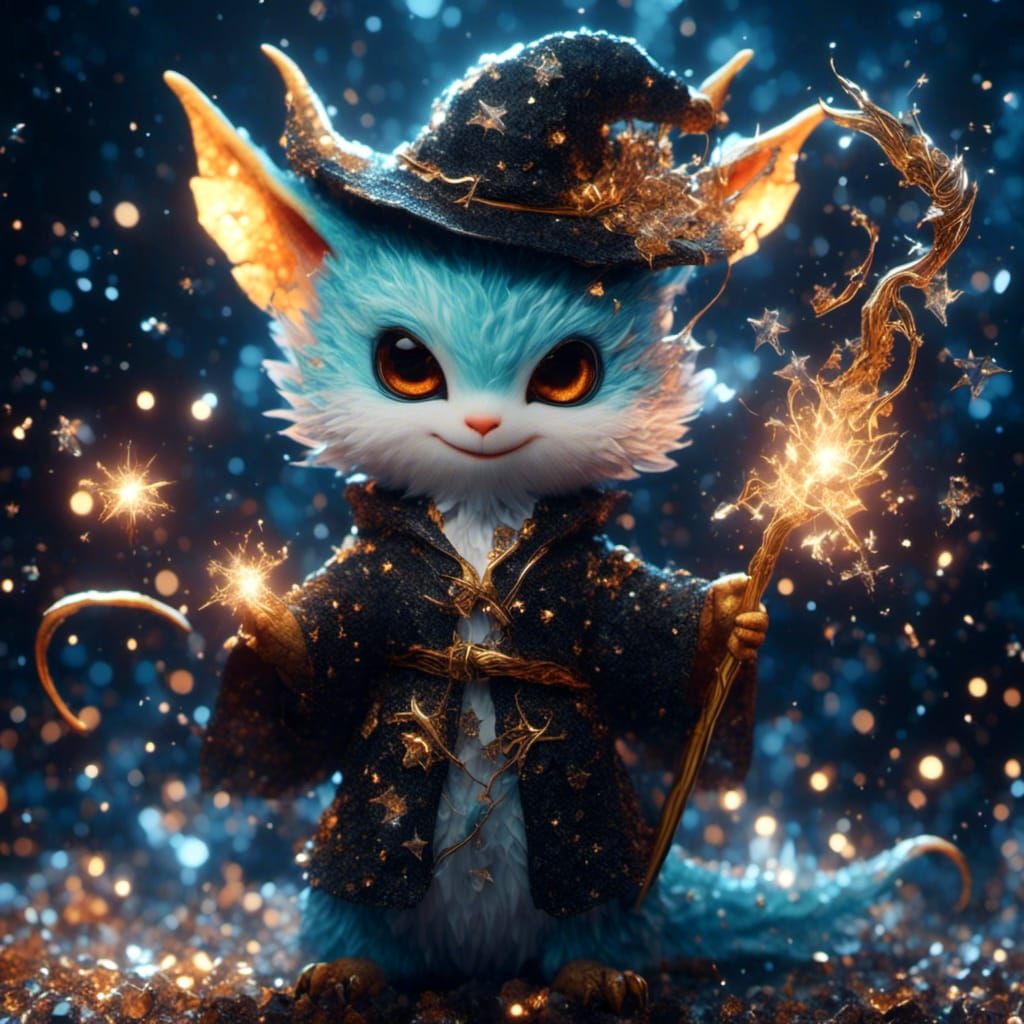 Cute Magical Dragon with Wand in Cosmic Scene