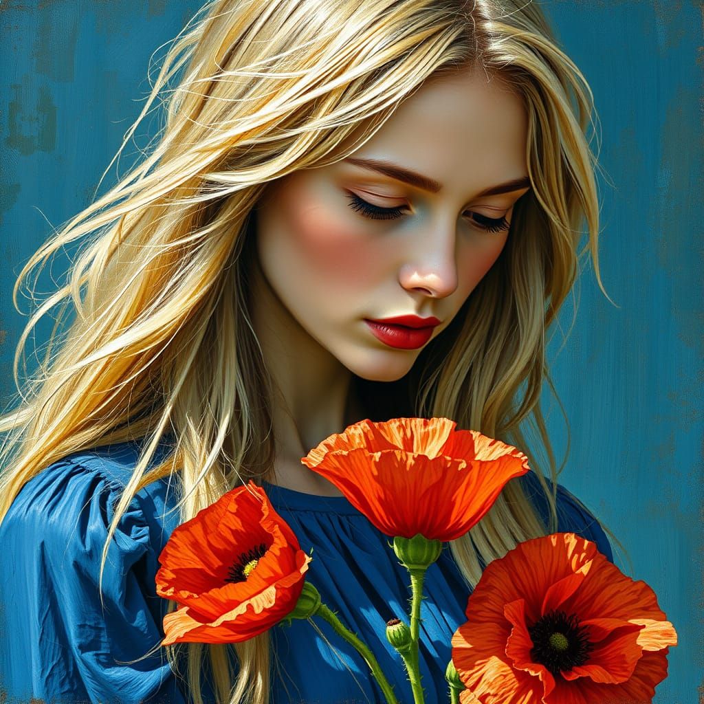 Woman with Long Blonde Hair in Cobalt Blue Dress, Holding Po...