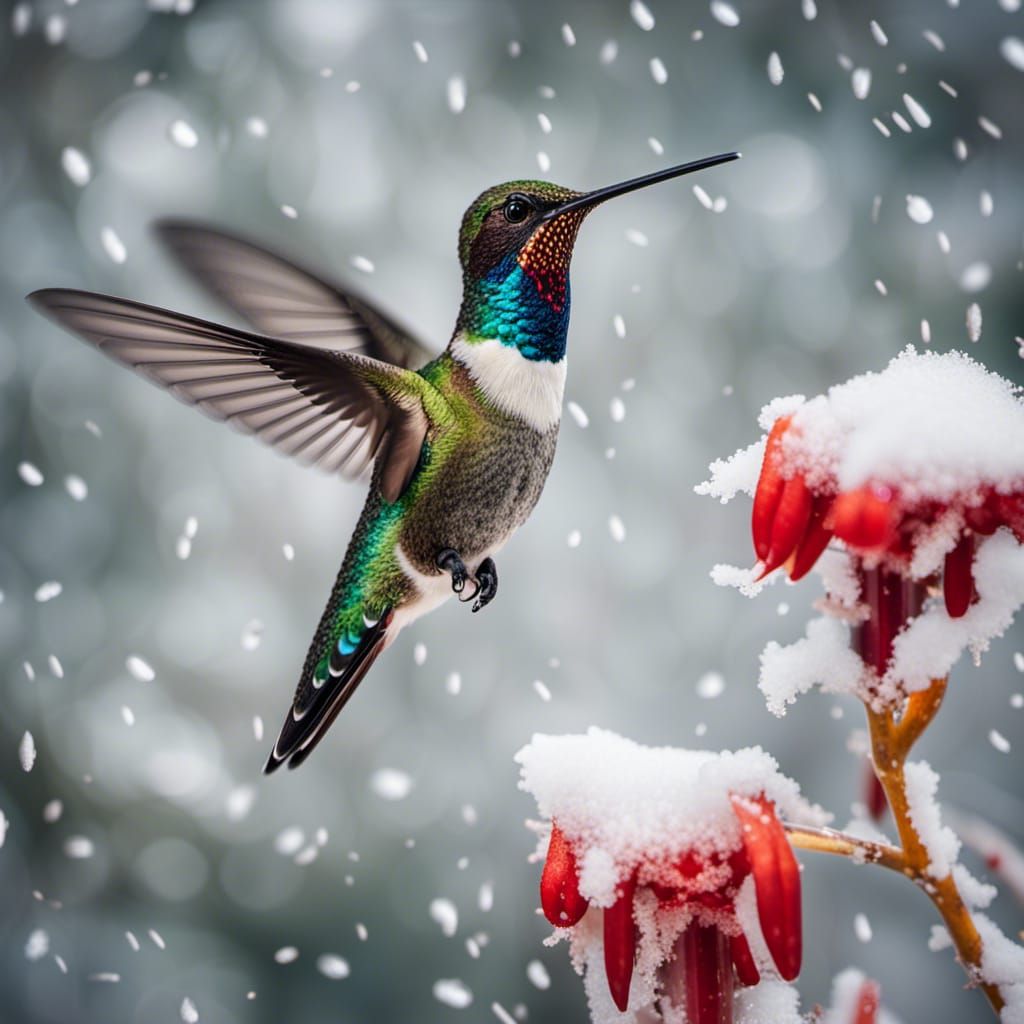 Snowy Hummingbird Portrait with Frozen Flower
