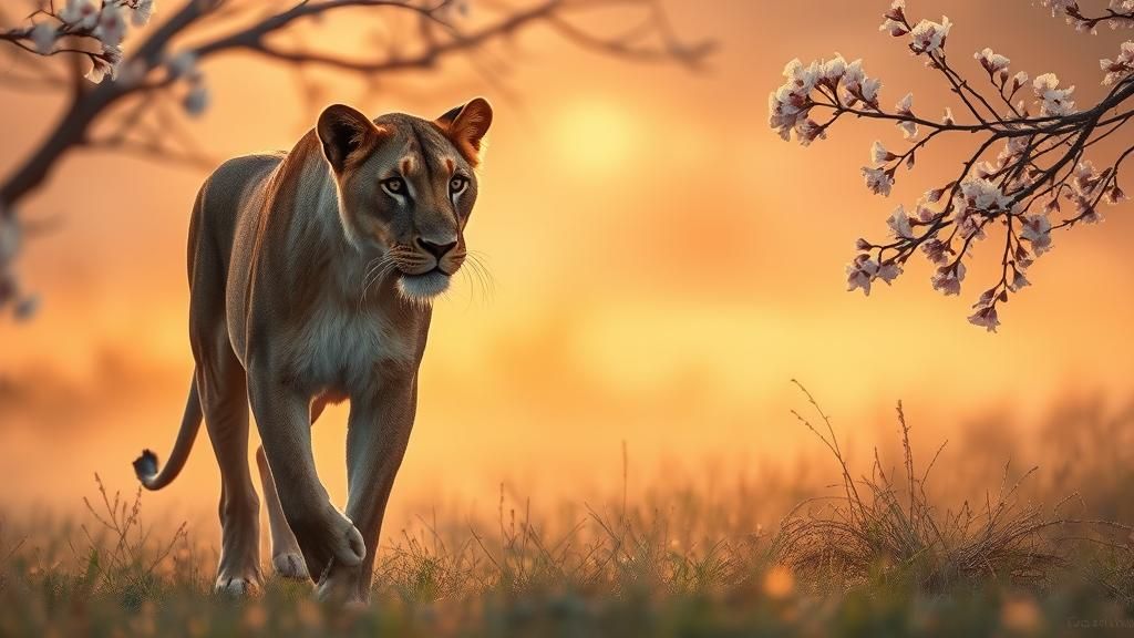 Lioness in Dawn Savannah with Cherry Blossoms