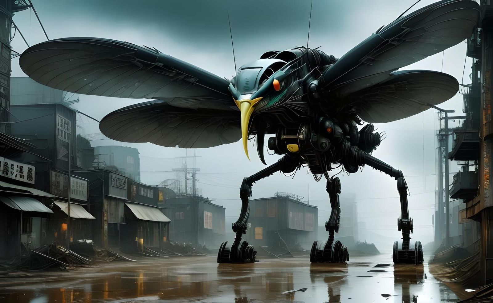 Biopunk Heron Creature in Dystopian City