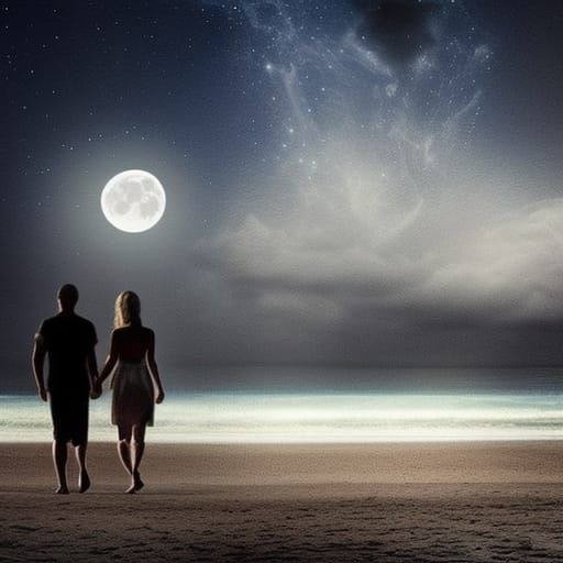 Romantic Moonlit Walk on the Beach at Night