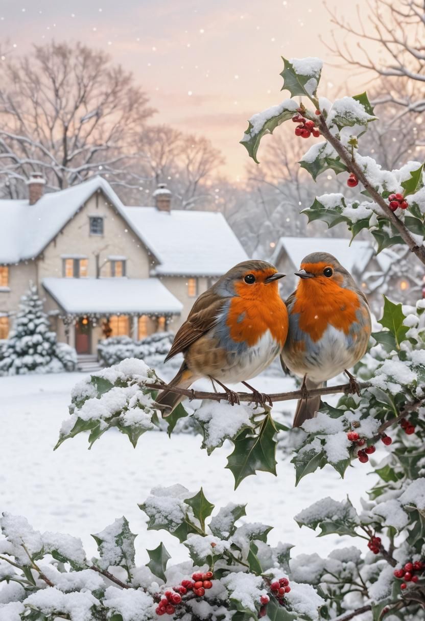 Robins on Holly Tree in Winter Wonderland