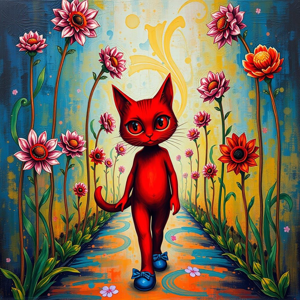 Surreal Red Cat and Child Stroll through a Fractal Flower La...