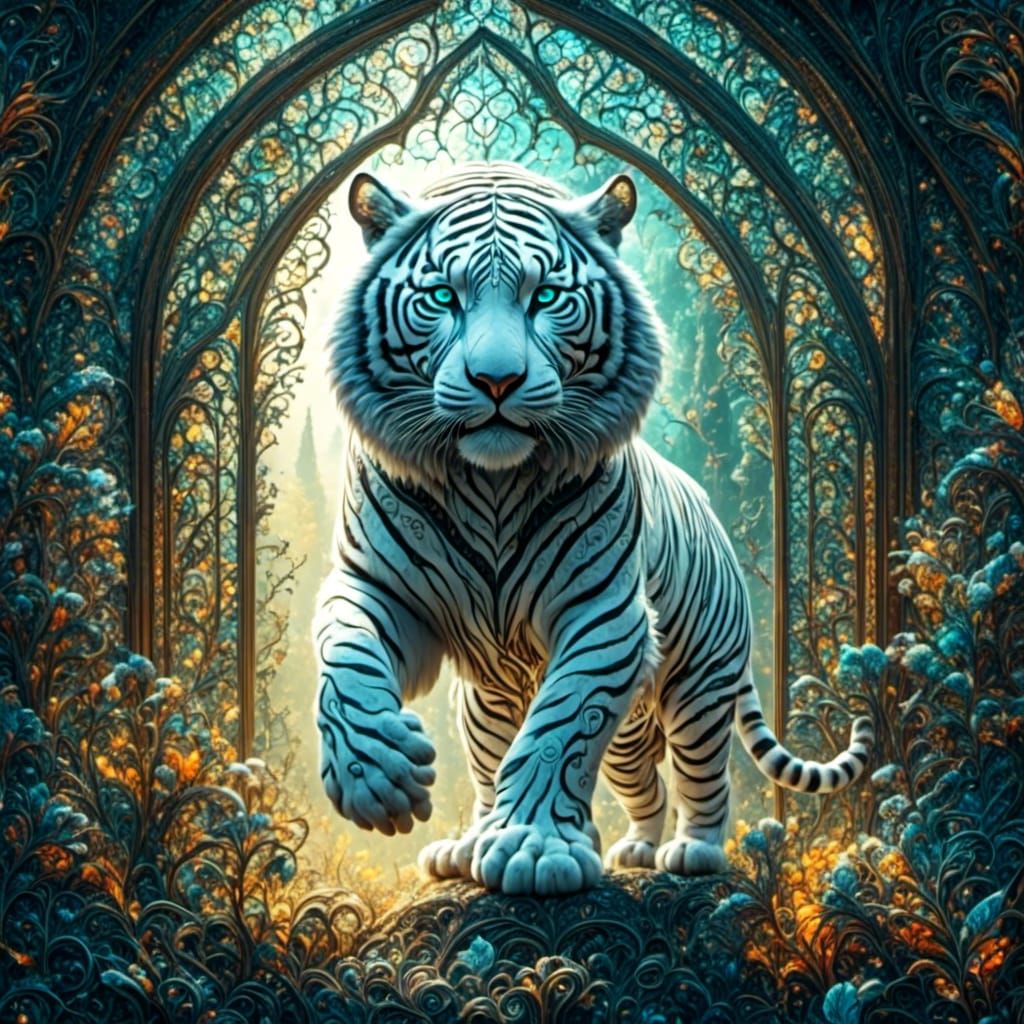 White Tiger Hunt in Stained Glass Style