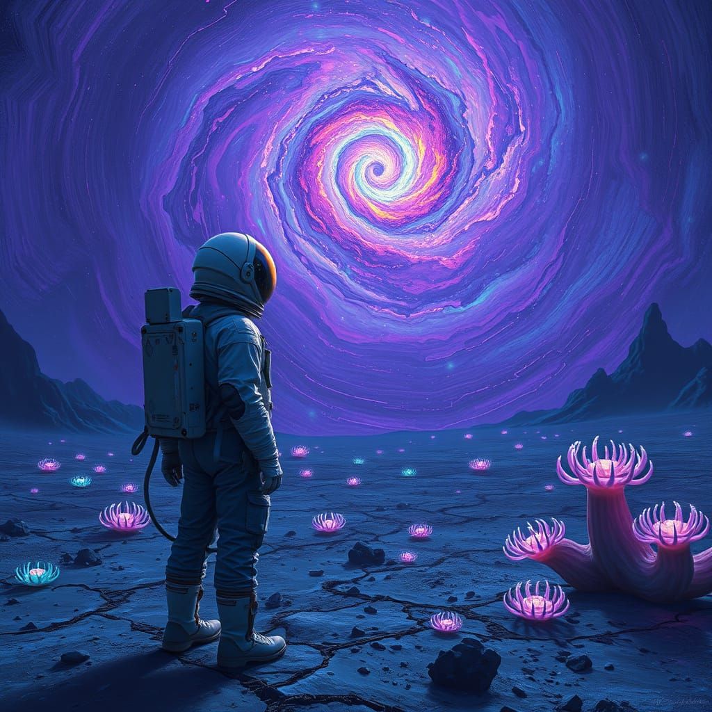 Astronaut Gazing at Nebula in Impasto Style