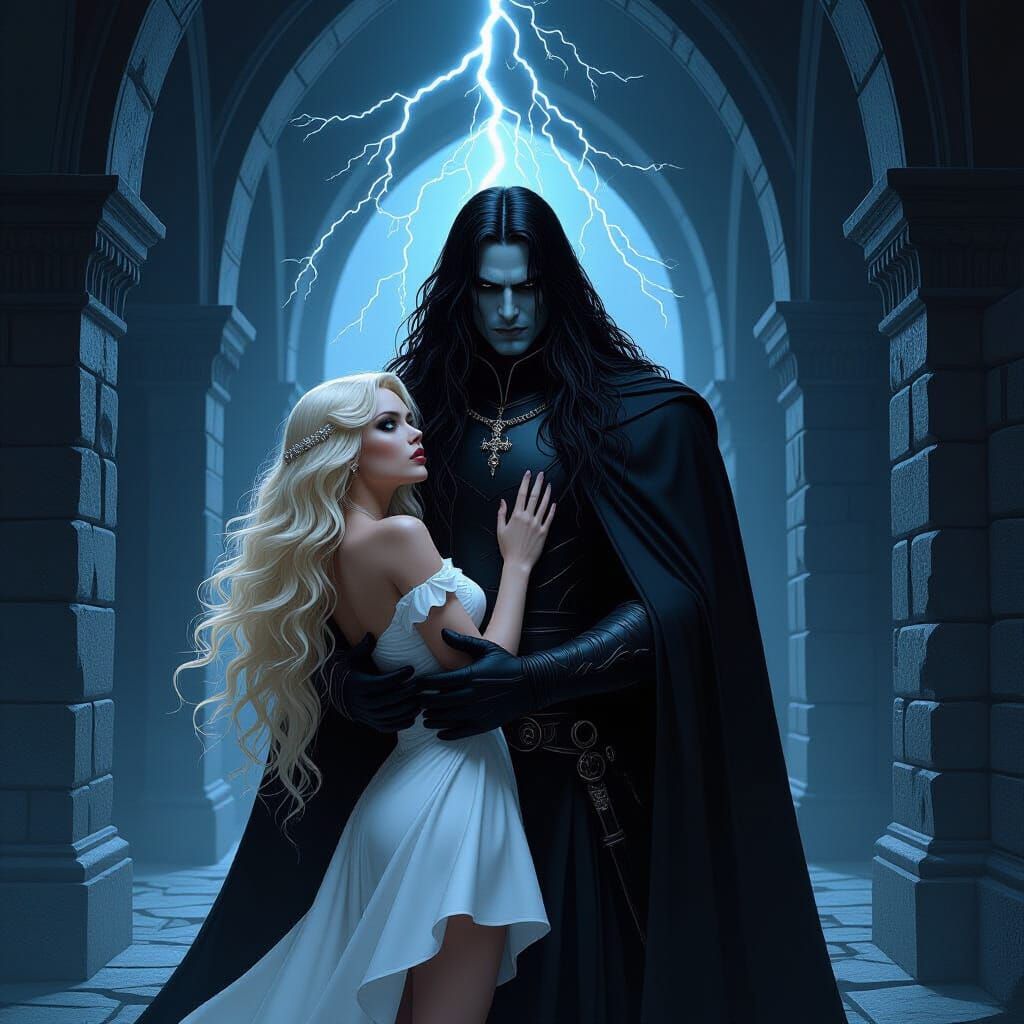 Dark Fantasy Man Charged With Lightning Carries Woman