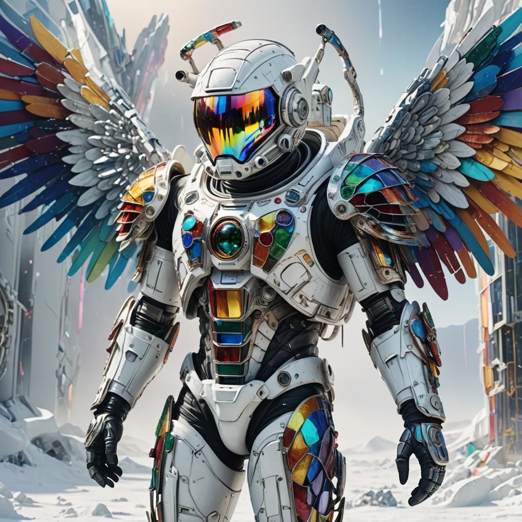 Biomechanical Astronaut with Rainbow Wings in Digital Art