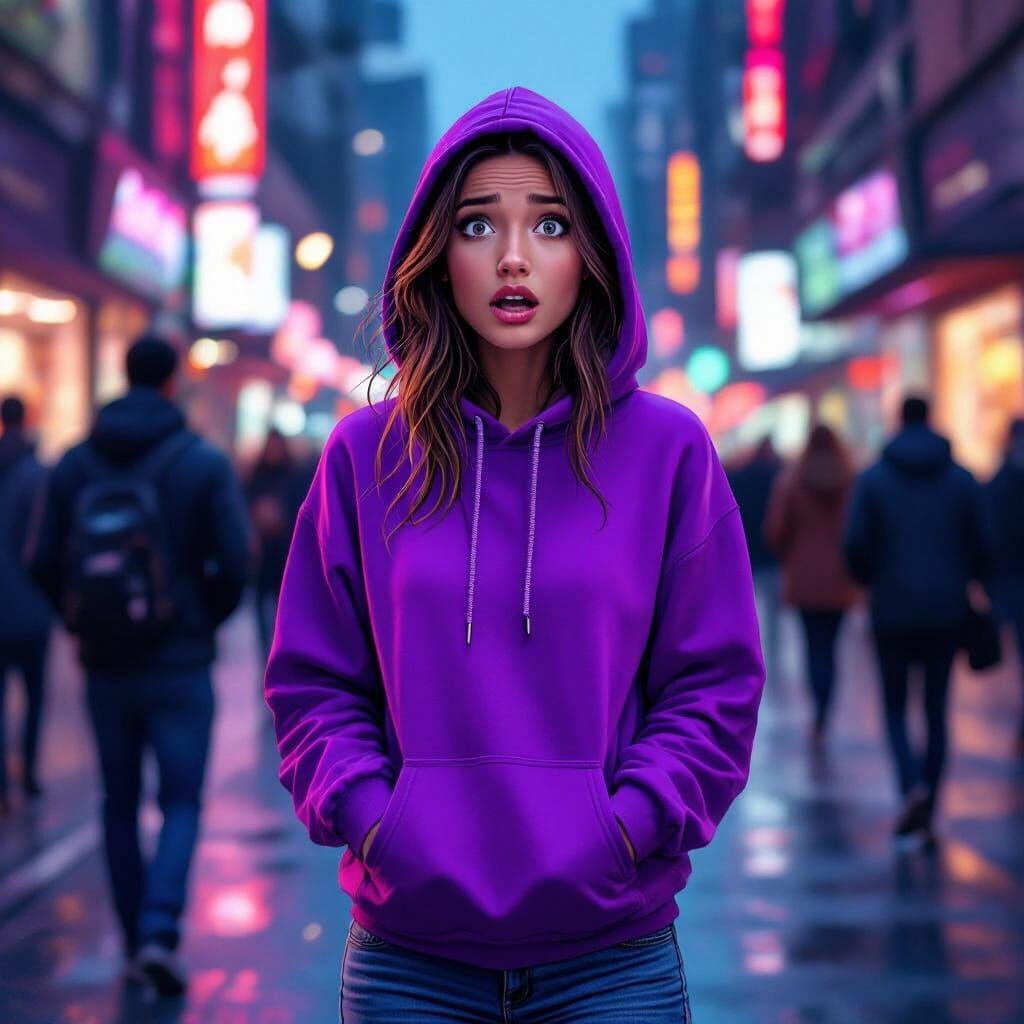 Shocked Woman in City Street, Cyberpunk Style