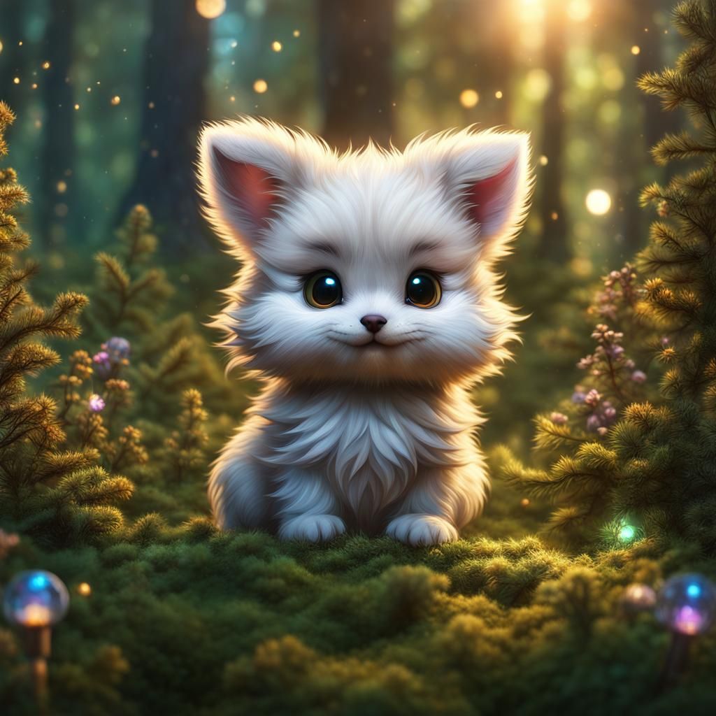 Cute Fluffy Chibi in Sunny Forest: Digital Art